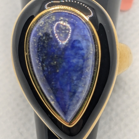 Lapis Lazali Black Enameled Ion Gold & Blue Teardrop Stainless Steel Ring Size 8 - Picture 5 of 7